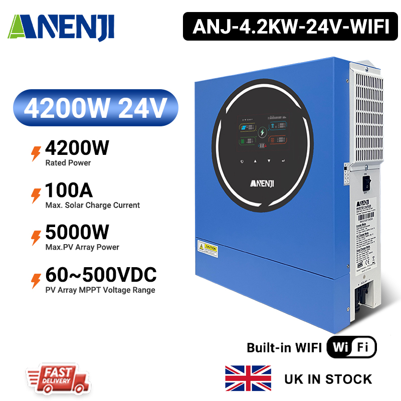 UK WAREHOUSE--ANENJI 4200W 4.2KW MPPT Hybrid Solar Inverter 24V On/Off Grid Dual Output Inverter 230VAC 100A Solar Charge Controller for PV 60-500V