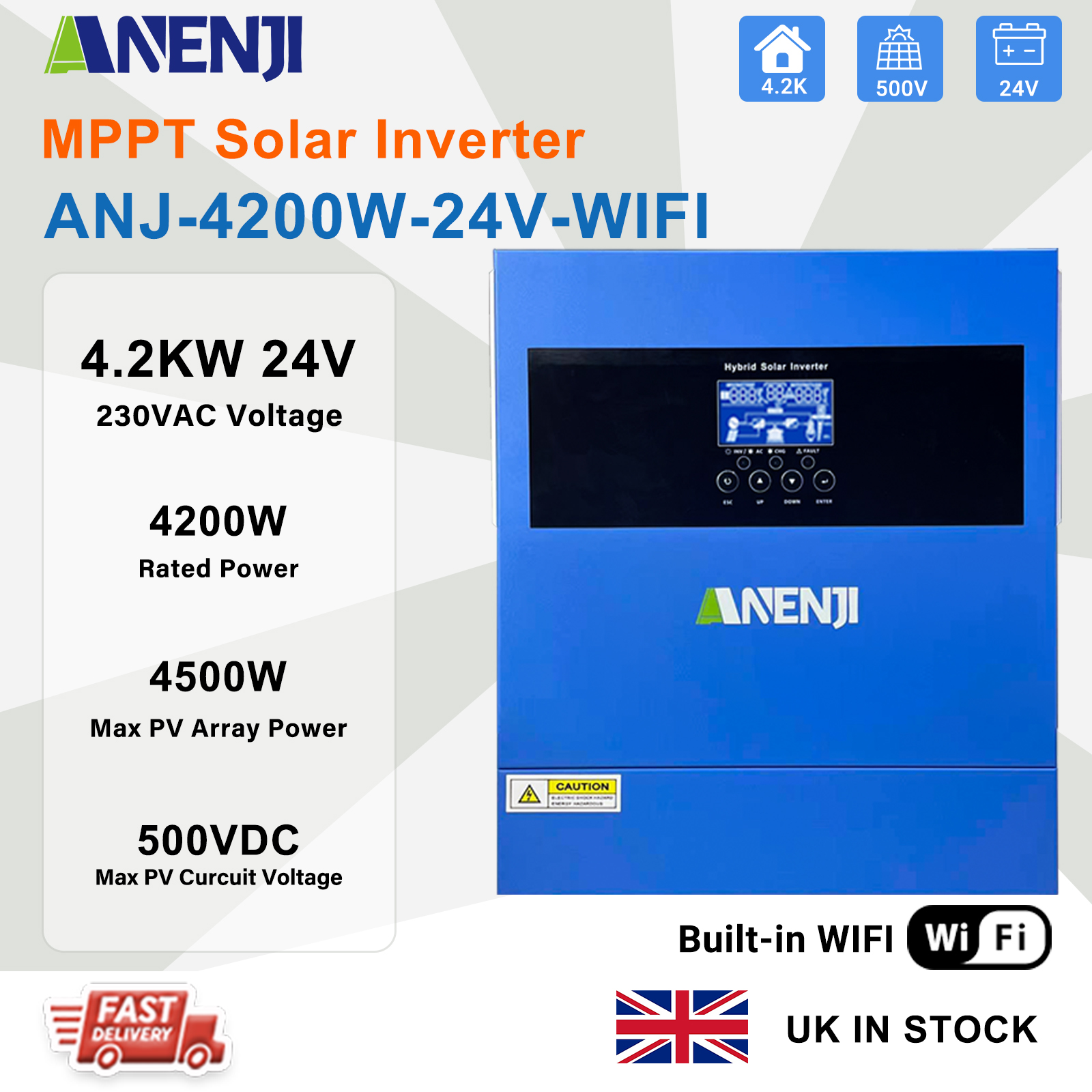 UK WAREHOUSE--ANENJI 4200W MPPT Hybrid Solar Inverter 4.2KW 24V On/Off Grid Photovoltaic Inverter 230VAC 100A Solar Charge Controller for PV 60-500V
