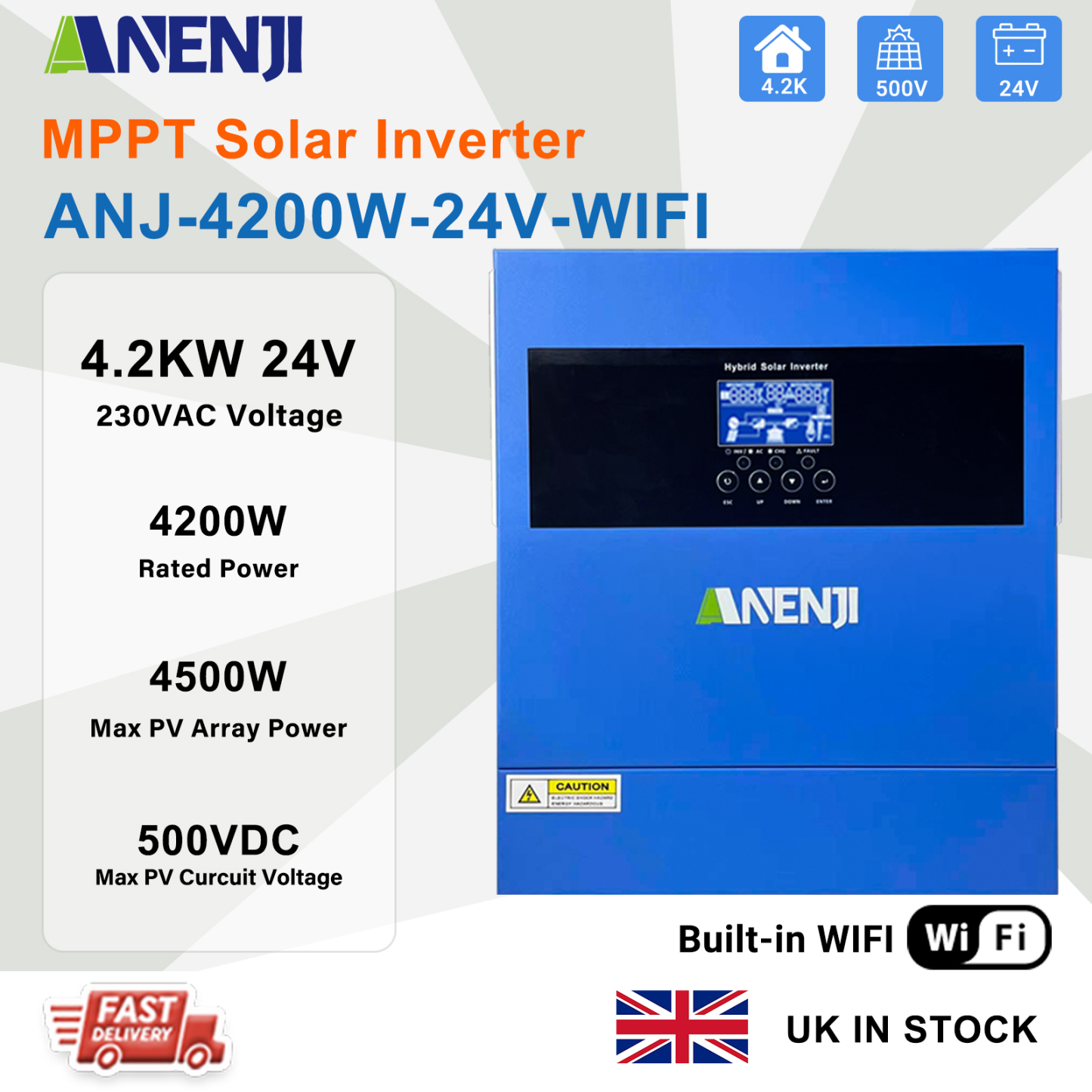UK WAREHOUSE--ANENJI 4200W MPPT Hybrid Solar Inverter 4.2KW 24V On/Off Grid Photovoltaic Inverter 230VAC 100A Solar Charge Controller for PV 60-500V