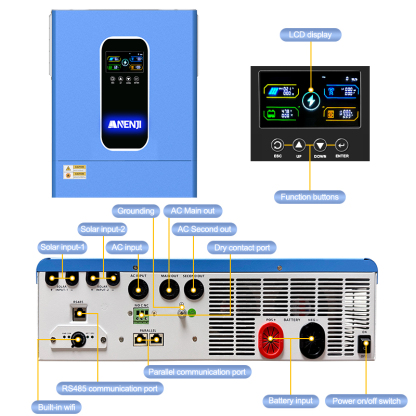 ANENJI 11KW 48V MPPT Hybrid Solar Inverter 230VAC Hybrid Grid Off-grid+ On-grid 160A Dual MPPT Charger 500Vdc 48Vdc WIFI BMS Support Pure Sine Wave and Parallel Function for  6 unit Max