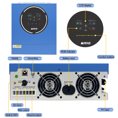 Anenji 5000W 5KW 48V Hybrid Solar Inverter On grid Off grid Inverter with WIFI 100A MPPT Dual Outputs 