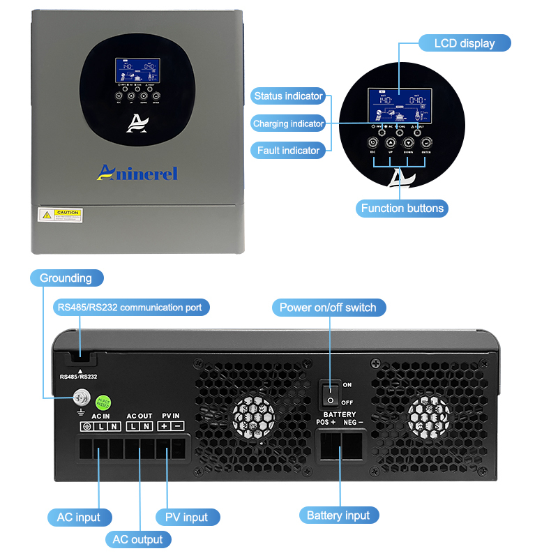 Aninerel 2000W 12V MPPT Solar Inverter 60A off-grid hybrid Pure sine wave with WIFI 230VAC Capacity 2KVA 160VDC 