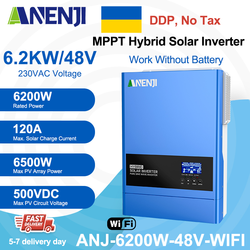 Ukraine DDP----ANENJI 6.2KW 48V Hybrid Solar Inverter 230V MPPT On Grid Off Grid Solar Inverter Pure Sine 120A Solar Charge Controller for PV Panels