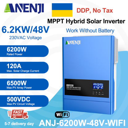 Ukraine DDP----ANENJI 6.2KW 48V Hybrid Solar Inverter 230V MPPT On Grid Off Grid Solar Inverter Pure Sine 120A Solar Charge Controller for PV Panels