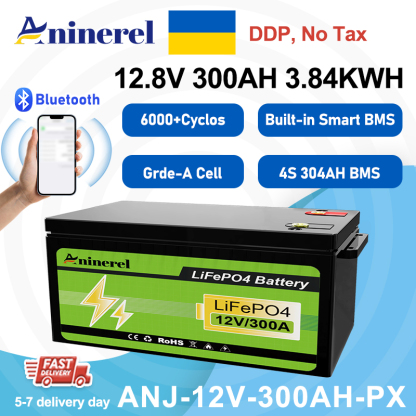 Ukraine DDP----Aninerel 12V 300Ah 3840WH 3.84KWH LiFePO4 Battery RV Boot Solar Golf Cart Battery Built-in BMS Grade Lithium Iron Phosphate Off-Road Off-grid