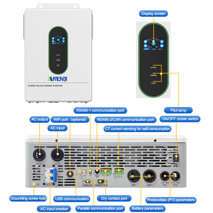USA WAREHOUSE--ANENJI 12KW 48V Hybrid Solar Inverter 110V Pure Sine Photovoltaic On Grid Off Grid Inversor PV 500Vdc 220A MPPT Solar Charge Controller