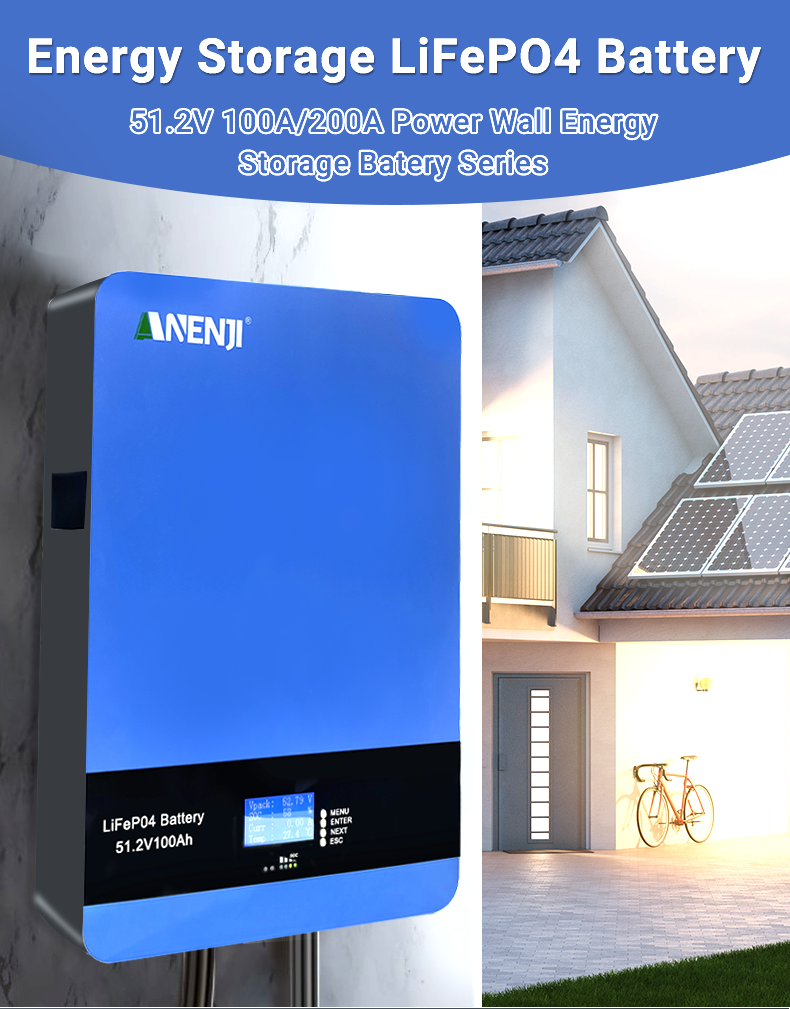 ANENJI 51.2V 100Ah Powerwall 5KWh LiFePO4Wall-Mounted Battery Built-in 16S 100A BMS CAN RS485 6000+ Cycle for Solar Planes Off/On Grid for Home