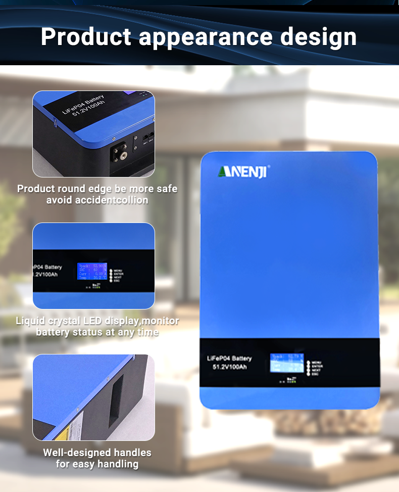 ANENJI 51.2V 100Ah Powerwall 5KWh LiFePO4Wall-Mounted Battery Built-in 16S 100A BMS CAN RS485 6000+ Cycle for Solar Planes Off/On Grid for Home