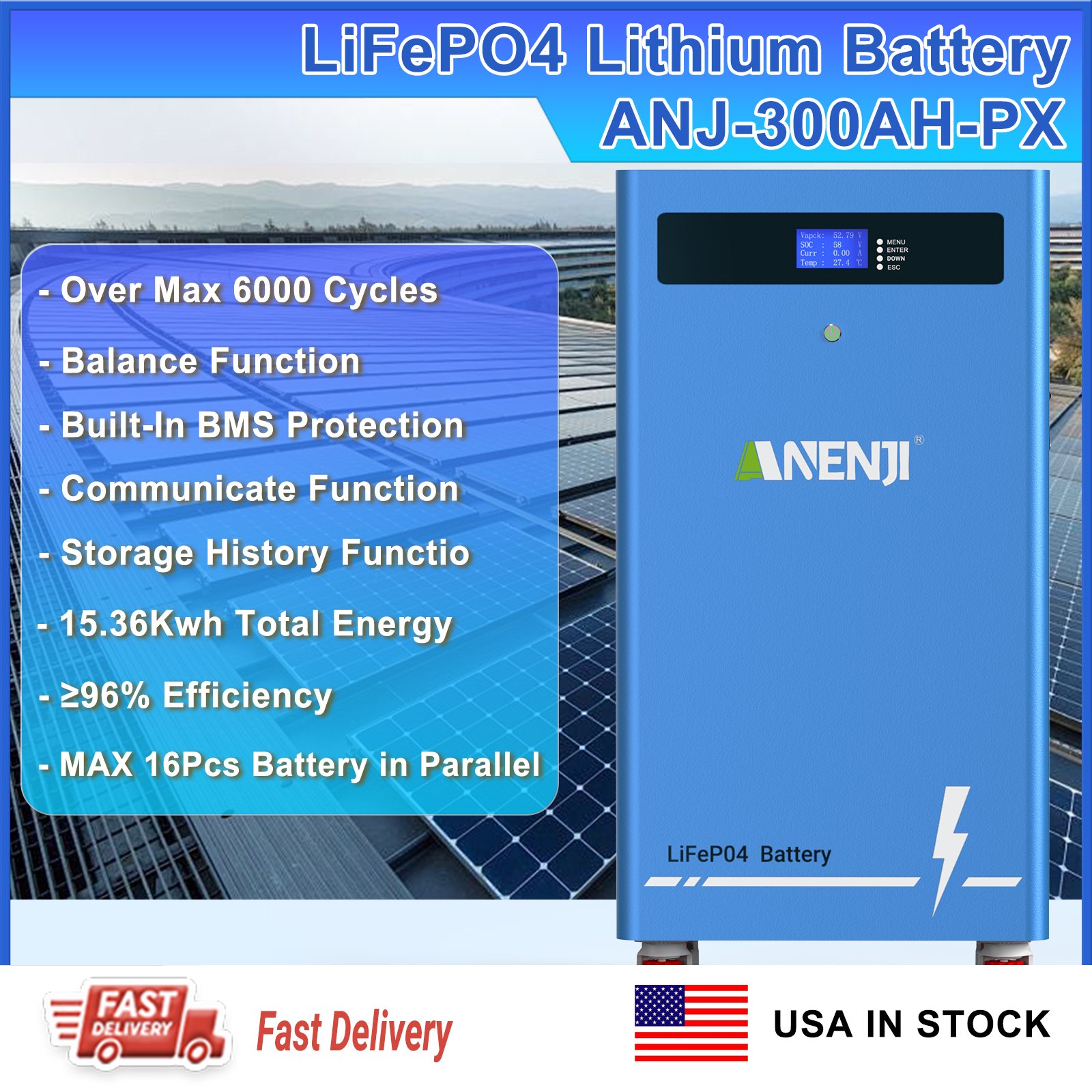 USA WAREHOUSE--ANENJI 51.2V 300Ah Powerwall 16KWh LiFePO4 Stacked Battery Built-in BMS CAN RS485 6000+ Cycle for Solar Planes Off/On Grid for Home