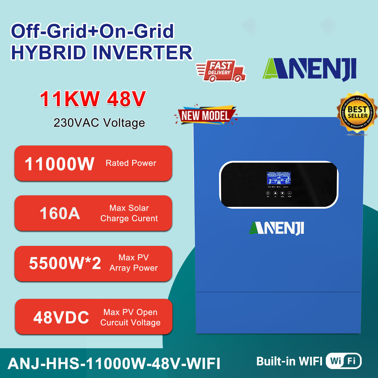 ANENJI 11KW Hybrid Solar Inverter 48V 230VAC Photovoltaic Inverter Off Grid Tie Built in 160A Dual MPPT Solar Charge Controller PV 500V