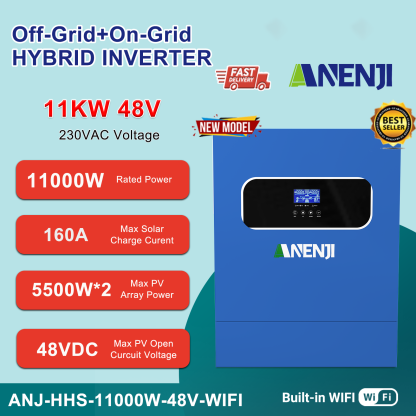 ANENJI 11KW Hybrid Solar Inverter 48V 230VAC Photovoltaic Inverter Off Grid Tie Built in 160A Dual MPPT Solar Charge Controller PV 500V