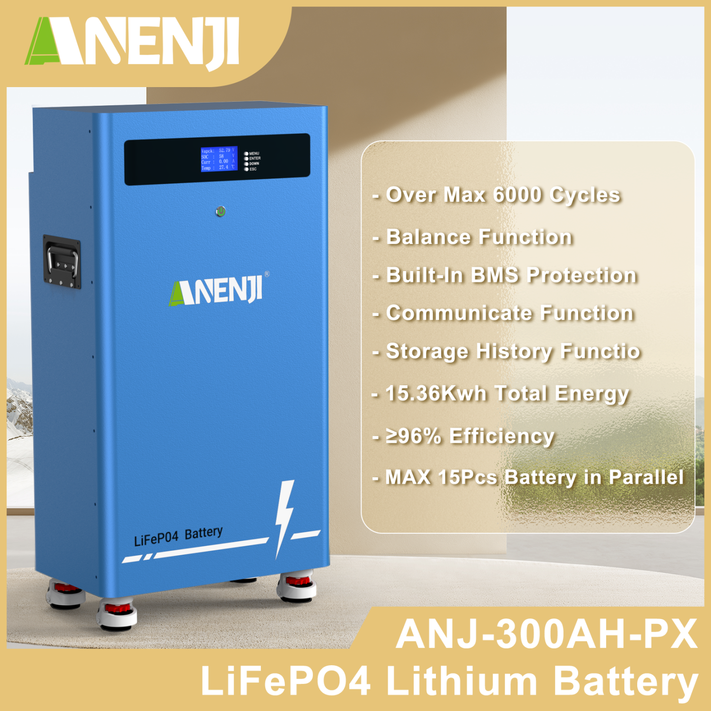 ANENJI 51.2V 300Ah Powerwall 15KWh LiFePO4 Stacked Battery Built-in BMS CAN RS485 6000+ Cycle for Solar Planes Off/On Grid for Home