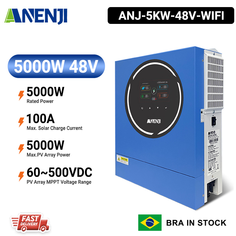 Brazil Warehouse----Anenji 5000W 5KW 48V Hybrid Solar Inverter On grid Off grid Inverter with WIFI 100A MPPT Dual Outputs 