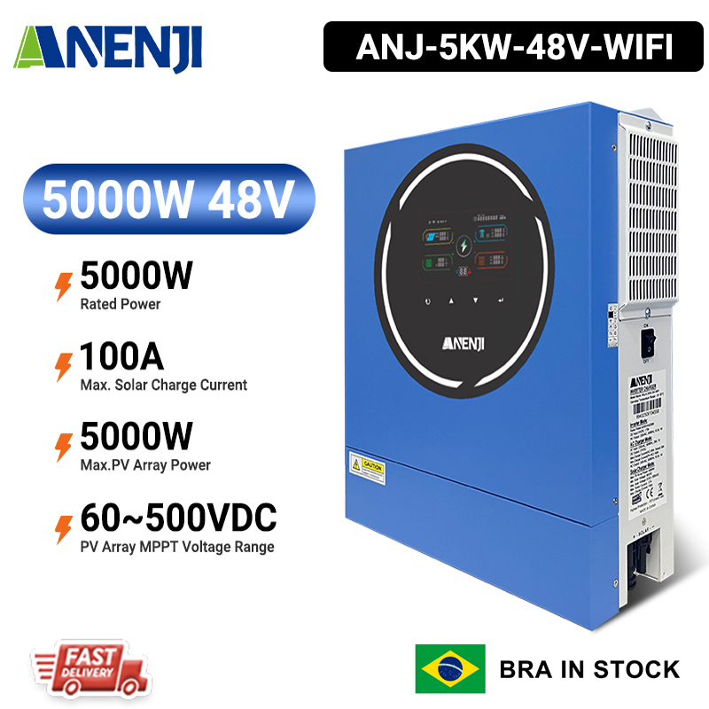 Brazil Warehouse----Anenji 5000W 5KW 48V Hybrid Solar Inverter On grid Off grid Inverter with WIFI 100A MPPT Dual Outputs 