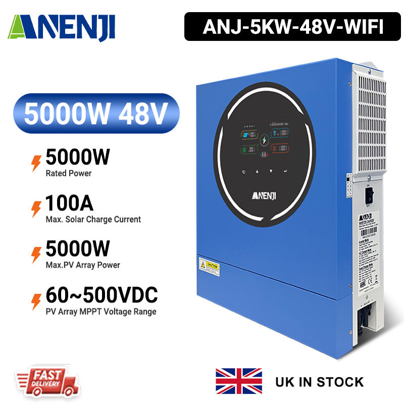 UK WAREHOUSE--Anenji 5000W 5KW 48V Hybrid Solar Inverter On grid Off grid Inverter with WIFI 100A MPPT Dual Outputs 