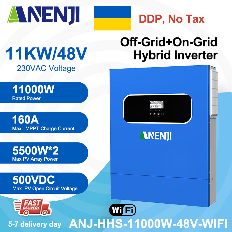 Ukraine DDP----ANENJI 11KW Hybrid Solar Inverter 48V 230VAC Photovoltaic Inverter Off Grid Tie Built in 160A Dual MPPT Solar Charge Controller PV 500V