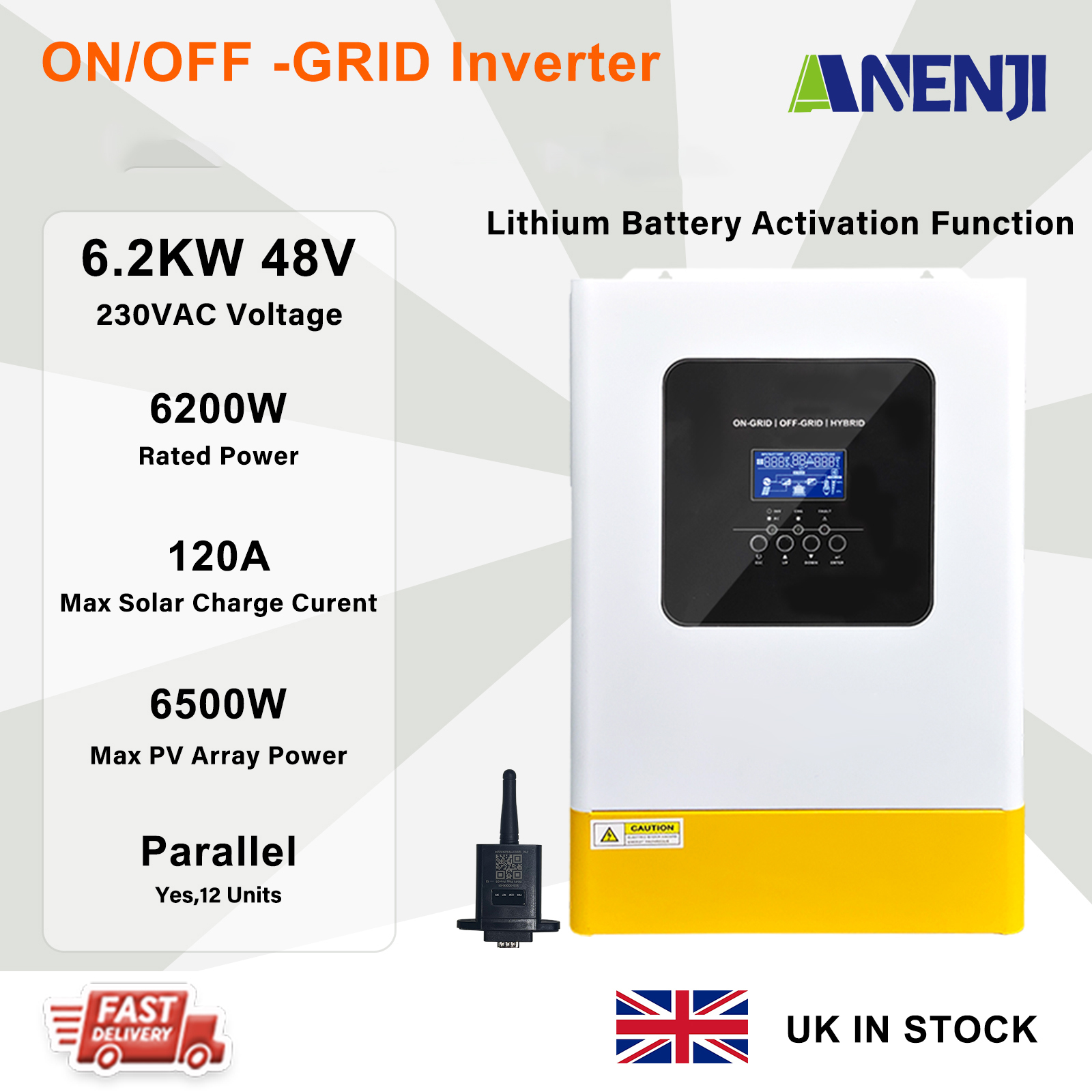 UK WAREHOUSE--ANENJI 6.2KW Hybrid Solar Inverter 48V 230VAC Photovoltaic Parallel 3-Phase Inverter Off Grid Tie Built in 120A MPPT Solar Charge Controller PV 500V