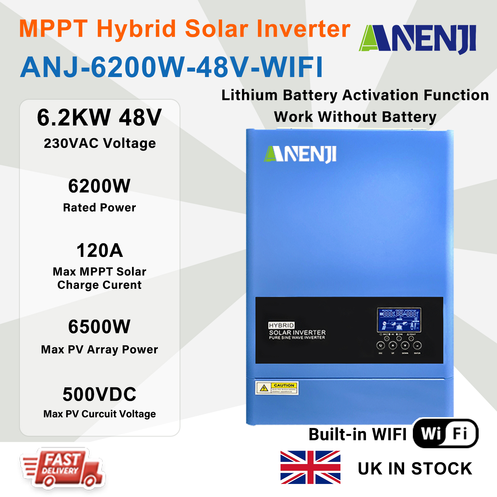 UK WAREHOUSE--ANENJI 6.2KW 48V Hybrid Solar Inverter 230V MPPT On Grid Off Grid Solar Inverter Pure Sine 120A Solar Charge Controller for PV Panels