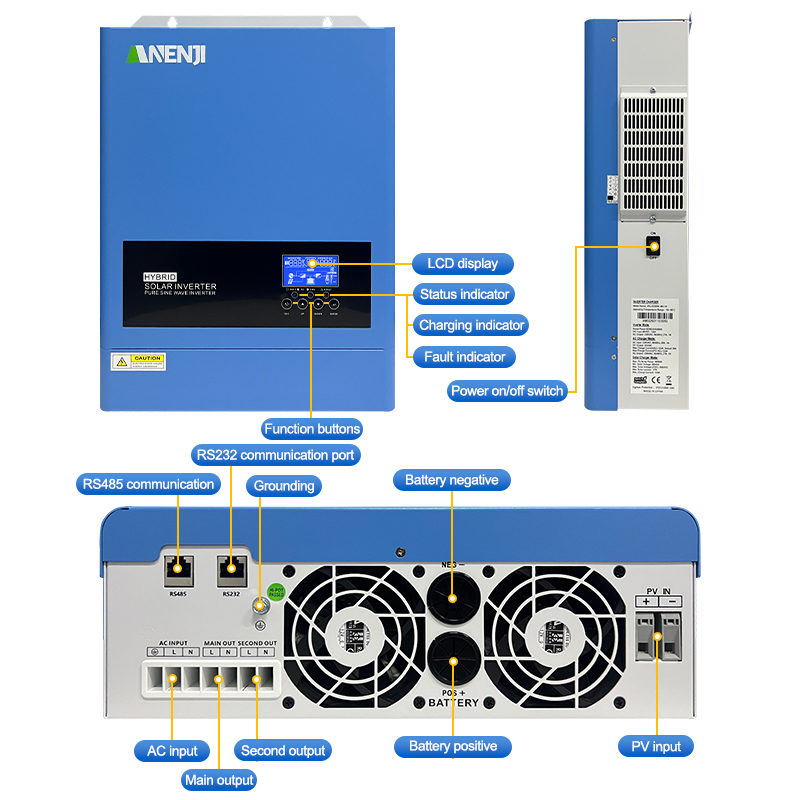 ANENJI 6.2KW 48V Hybrid Solar Inverter 230V MPPT On Grid Off Grid Solar Inverter Pure Sine 120A Solar Charge Controller for PV Panels