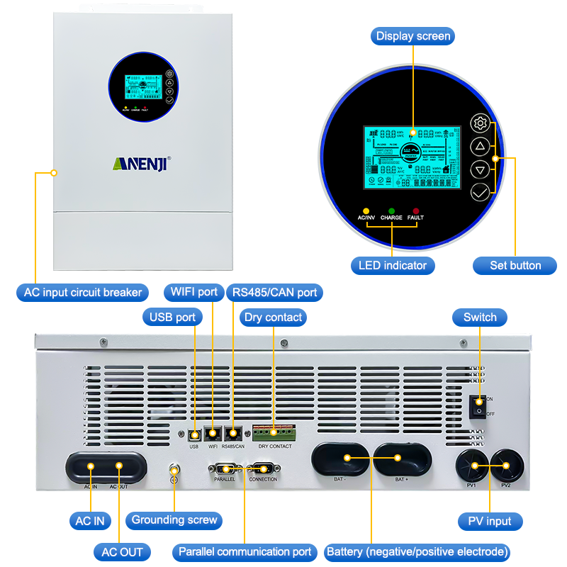 USA WAREHOUSE--Anenji 12KW 48V Hybrid Solar Inverter Split Phase 120V/240V Dual MPPT Charger Parallel 6 units