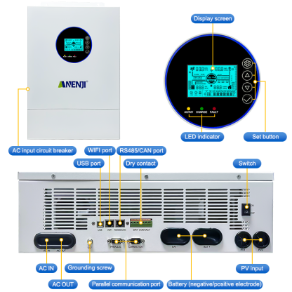 USA WAREHOUSE--Anenji 12KW 48V Hybrid Solar Inverter Split Phase 120V/240V Dual MPPT Charger Parallel 6 units