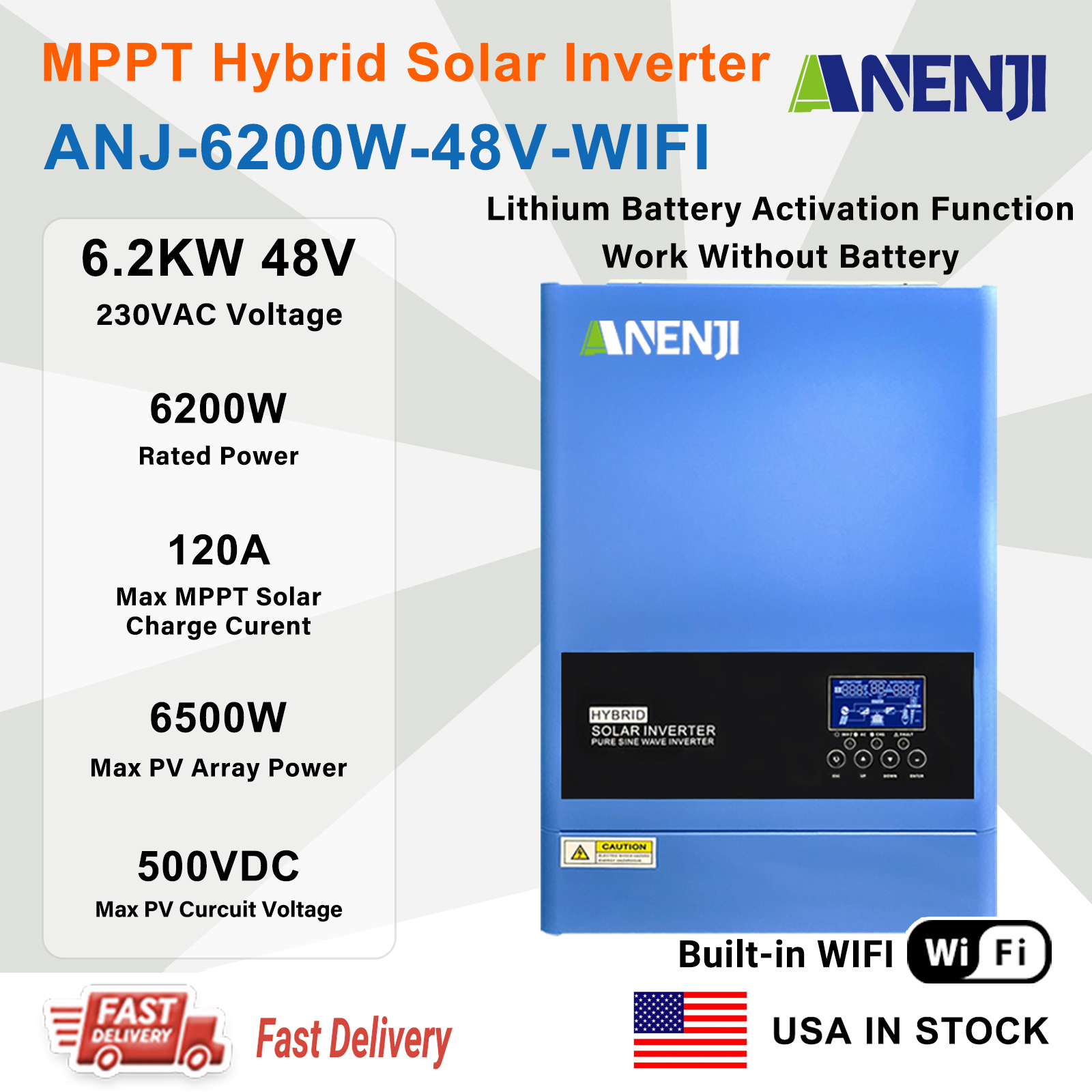 USA WAREHOUSE---ANENJI 6.2KW 48V Hybrid Solar Inverter 230V MPPT On Grid Off Grid Solar Inverter Pure Sine 120A Solar Charge Controller for PV Panels