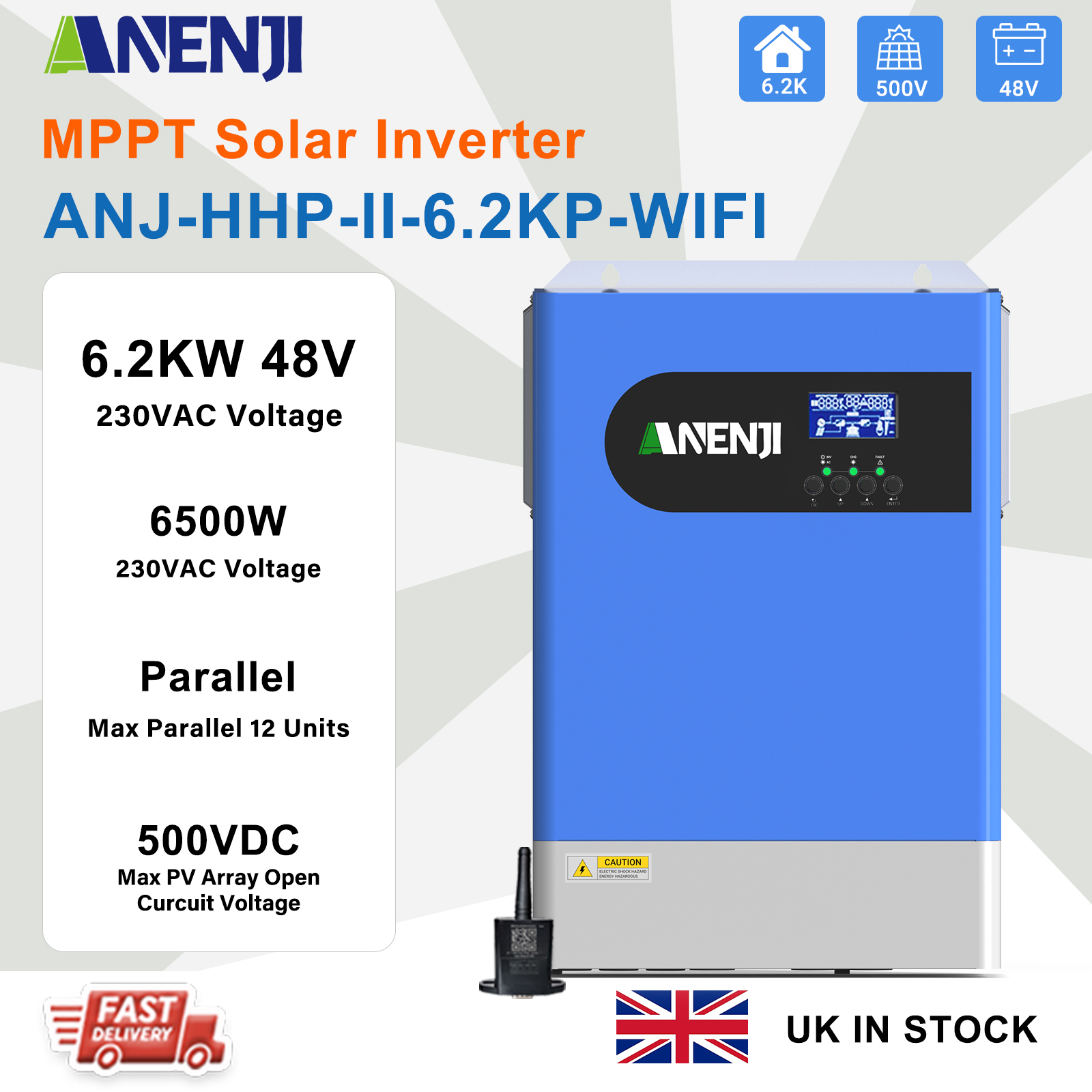 UK WAREHOUSE--ANENJI 6.2KW Parallel Hybrid Solar Inverter 48V MPPT Inverter 230VAC Pure Sine wave 120A Solar Charger RS485/232 with wifi PV 60-500VDC