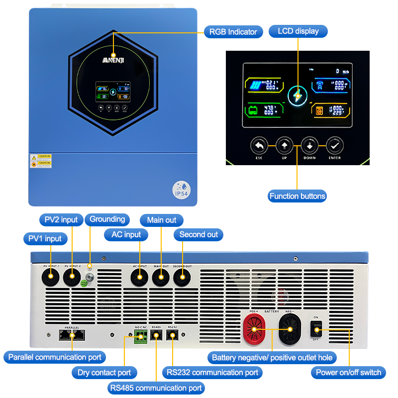 ANENJI 11000W 11KW MPPT Hybrid Solar Inverter 48V On/Off Grid Dual Output Inverter 230VAC 160A Solar Charge Controller for PV 60-500Vdc Parallel 6pcs max for sinple phase and 3-phasewith IP54 
