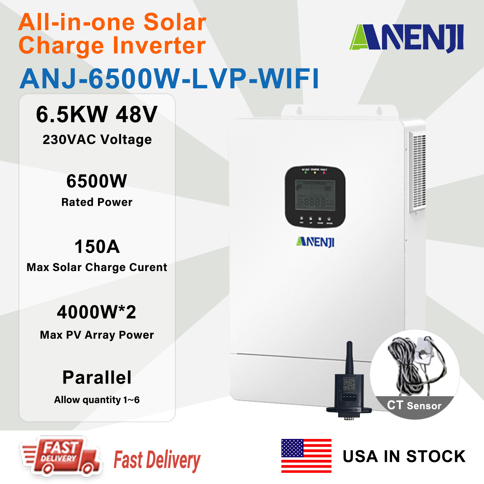 USA WAREHOUSE--ANENJI 6.5KW 48V Hybrid Solar Inverter 110V Pure Sine Photovoltaic On Grid Off Grid Inversor PV 300V 150A MPPT Solar Charge Controller