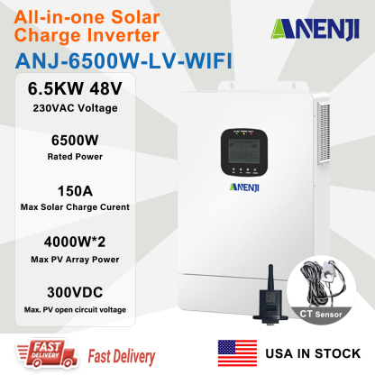 USA WAREHOUSE--ANENJI 6.5KW 48V Hybrid Solar Inverter 110V Pure Sine Photovoltaic On Grid Off Grid Inversor PV 300V 150A MPPT Solar Charge Controller