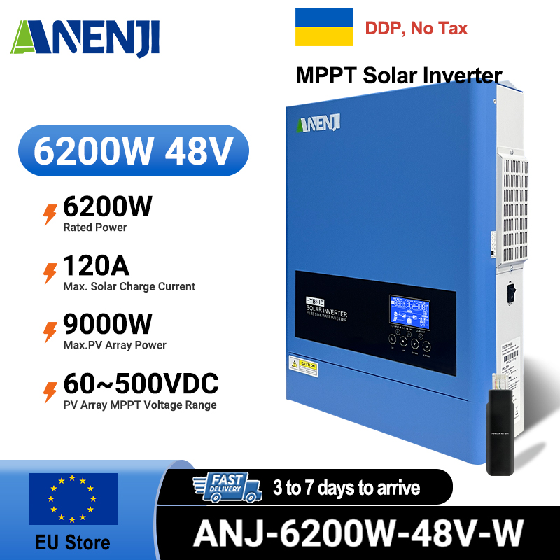 Ukraine Delivery Directly----ANENJI 6.2KW 48V Hybrid Solar Inverter 230V MPPT On Grid Off Grid Solar Inverter Pure Sine 120A Solar Charge Controller for PV Panels