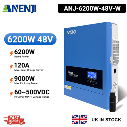 UK WAREHOUSE--ANENJI 6.2KW 48V Hybrid Solar Inverter 230V MPPT On Grid Off Grid Solar Inverter Pure Sine 120A Solar Charge Controller for PV Panels