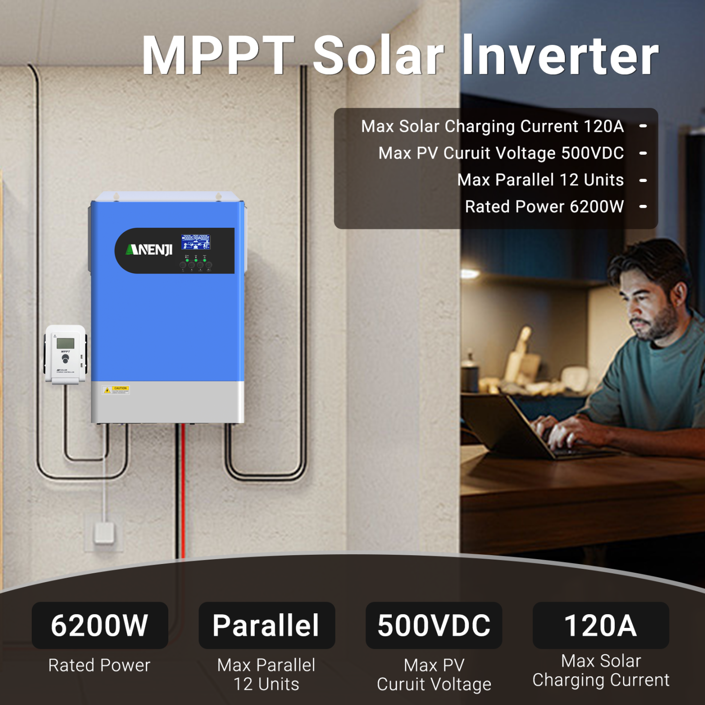UK WAREHOUSE--ANENJI 6.2KW Parallel Hybrid Solar Inverter 48V MPPT Inverter 230VAC Pure Sine wave 120A Solar Charger RS485/232 with wifi PV 60-500VDC