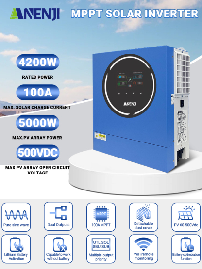 ANENJI 4200W 4.2KW MPPT Hybrid Solar Inverter 24V On/Off Grid Dual Output Inverter 230VAC 100A Solar Charge Controller for PV 60-500V