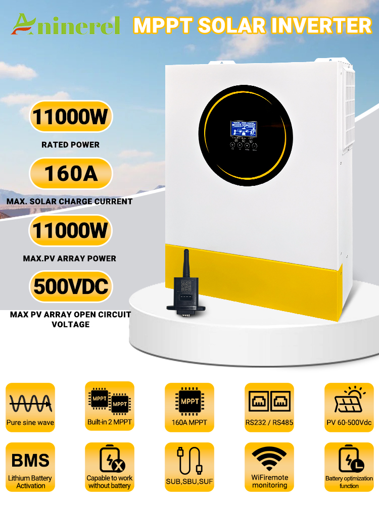 11KW 48V MPPT Hybrid Solar Inverter 2 MPPT Dual PV Input 230VAC On/Off Grid Solar Inverter PV 60-500V 160A Solar Charger