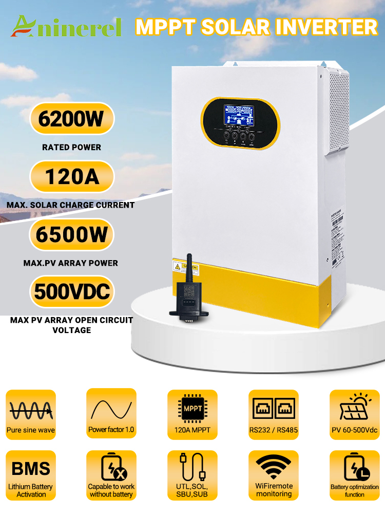 6.2KW Hybrid Solar Inverter MPPT 48V Photovoltaic Inverter 230VAC Pure Sine Off Grid PV 500V 120A Solar Charge Controller