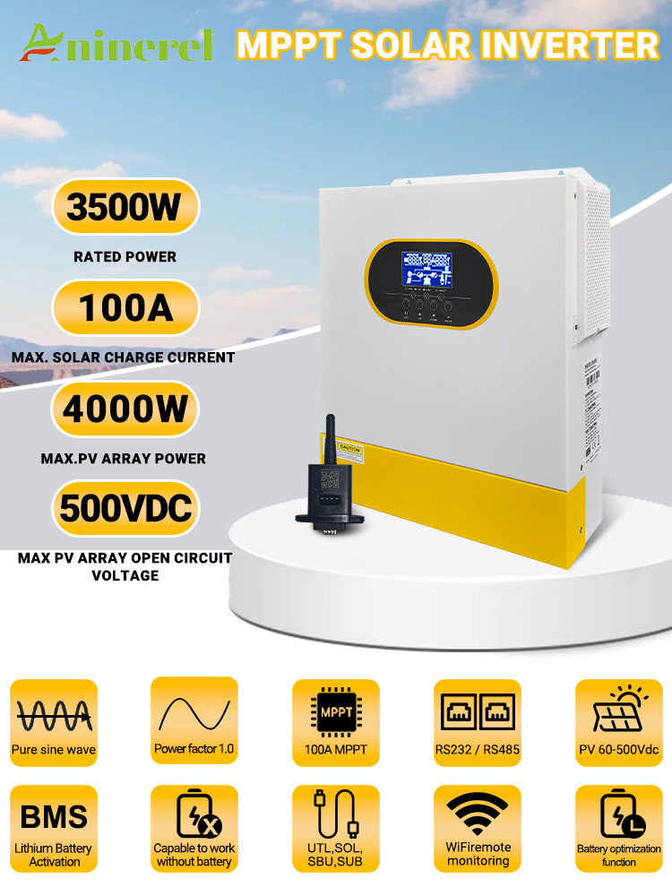 3500W MPPT Hybrid Solar Inverter 3.5KW 24V On/Off Grid Photovoltaic Inverter 230VAC 100A Solar Charge Controller for PV 60-500V