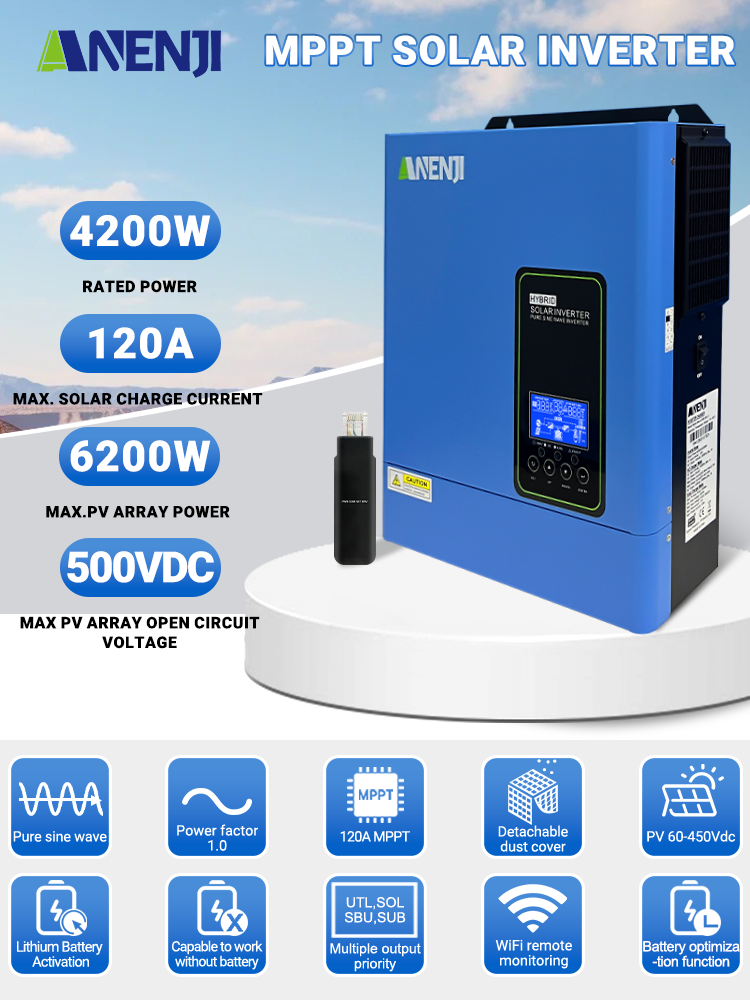USA WAREHOUSE--ANENJI 4.2KW 24V 110/120V Off grid Inverter Pure Sine Wave MPPT Solar Charging Built in MPPT 120A Hybrid Inverter Home Inversor