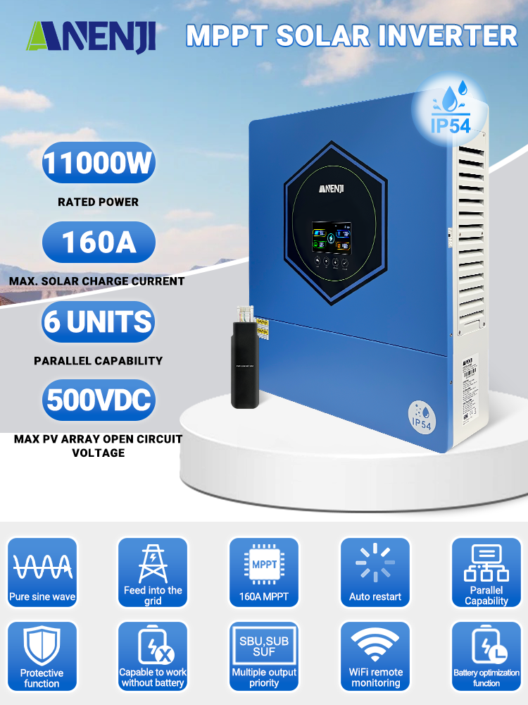 ANENJI 11000W 11KW MPPT Hybrid Solar Inverter 48V On/Off Grid Dual Output Inverter 230VAC 160A Solar Charge Controller for PV 60-500Vdc Parallel 6pcs max for sinple phase and 3-phasewith IP54 