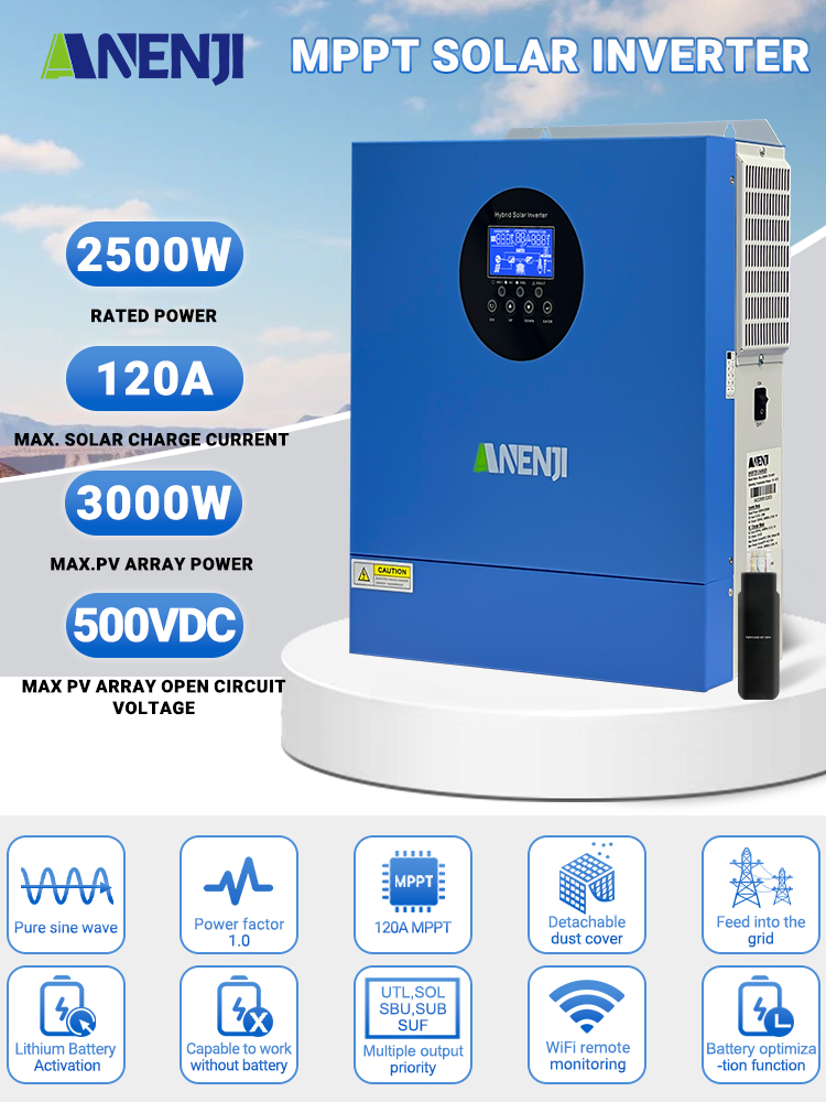 ANENJI 2500W 12V MPPT Solar Inverter 120A off-grid hybrid Pure sine wave with WIFI 230VAC Capacity 160VDC 