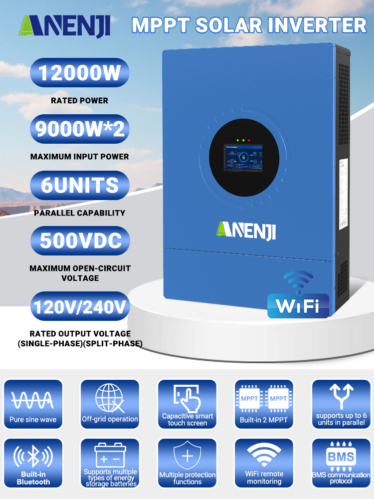USA WAREHOUSE--ANENJI 12KW 48V Hybrid Solar Inverter 110V Pure Sine Photovoltaic On Grid Off Grid Inversor Split Phase 120V/240V Dual MPPT Charger Parallel 6pcs max