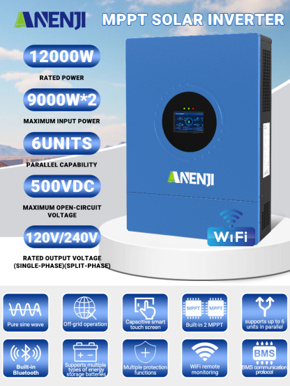 USA WAREHOUSE--ANENJI 12KW 48V Hybrid Solar Inverter 110V Pure Sine Photovoltaic On Grid Off Grid Inversor Split Phase 120V/240V Dual MPPT Charger Parallel 6pcs max