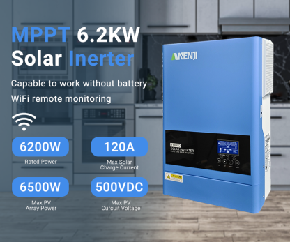 ANENJI 6.2KW 48V Hybrid Solar Inverter 230V MPPT On Grid Off Grid Solar Inverter Pure Sine 120A Solar Charge Controller for PV Panels