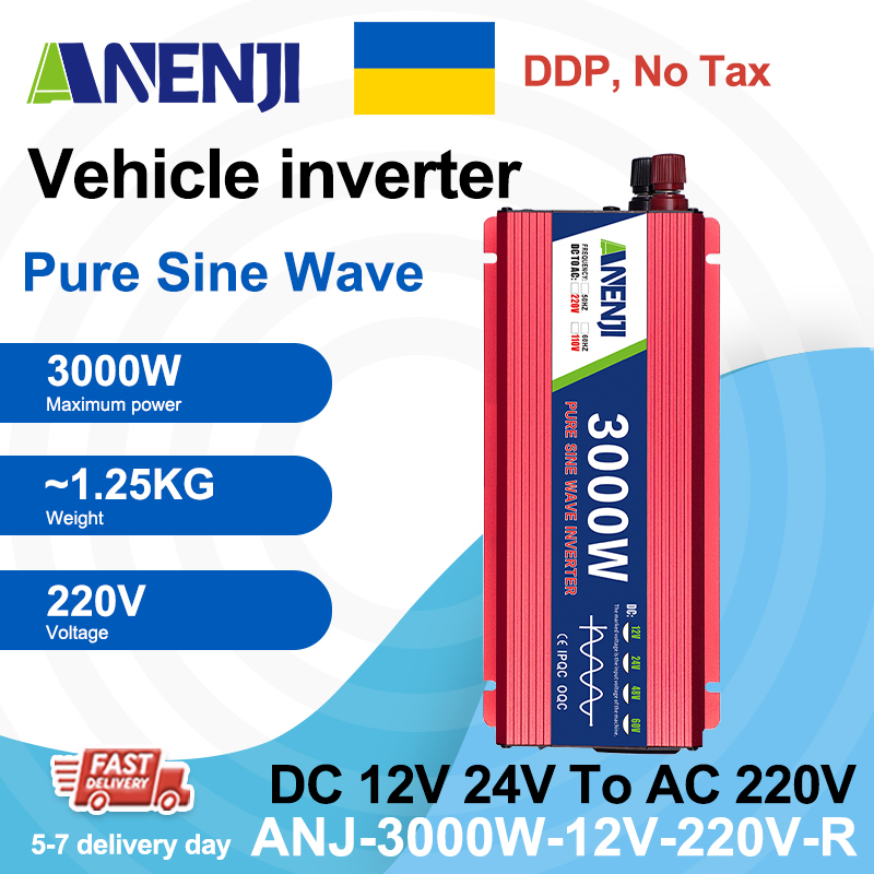 Ukraine DDP----ANENJI 1000W/3000W 220V 12V/24V Pure Sine Wave Inverter Power Inverter  Portable Power Voltage Converter Car Solar Inverter