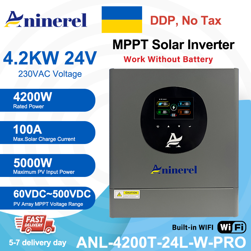 Ukraine DDP----Aninerel 4200W 4.2KW MPPT Hybrid Solar Inverter 24V On/Off Grid Dual Output Inverter 230VAC 100A Solar Charge Controller for PV 60-500V
