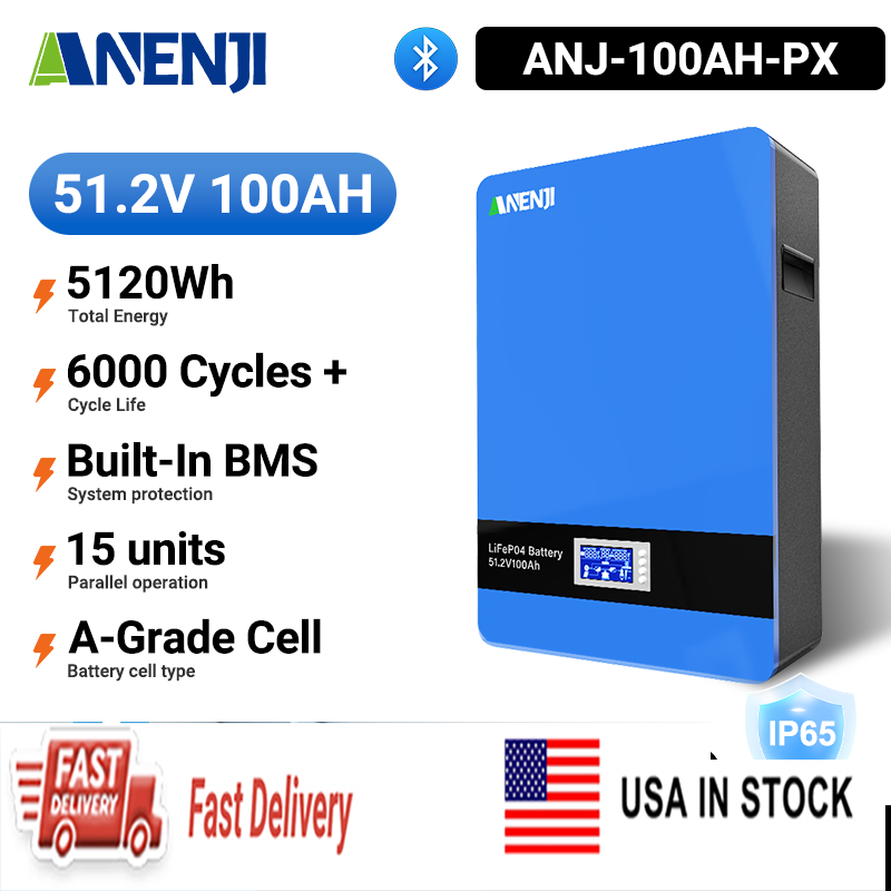 USA WAREHOUSE--ANENJI 51.2V 100Ah Powerwall 5KWh LiFePO4Wall-Mounted Battery Built-in 16S 100A BMS CAN RS485 6000+ Cycle for Solar Planes Off/On Grid for Home