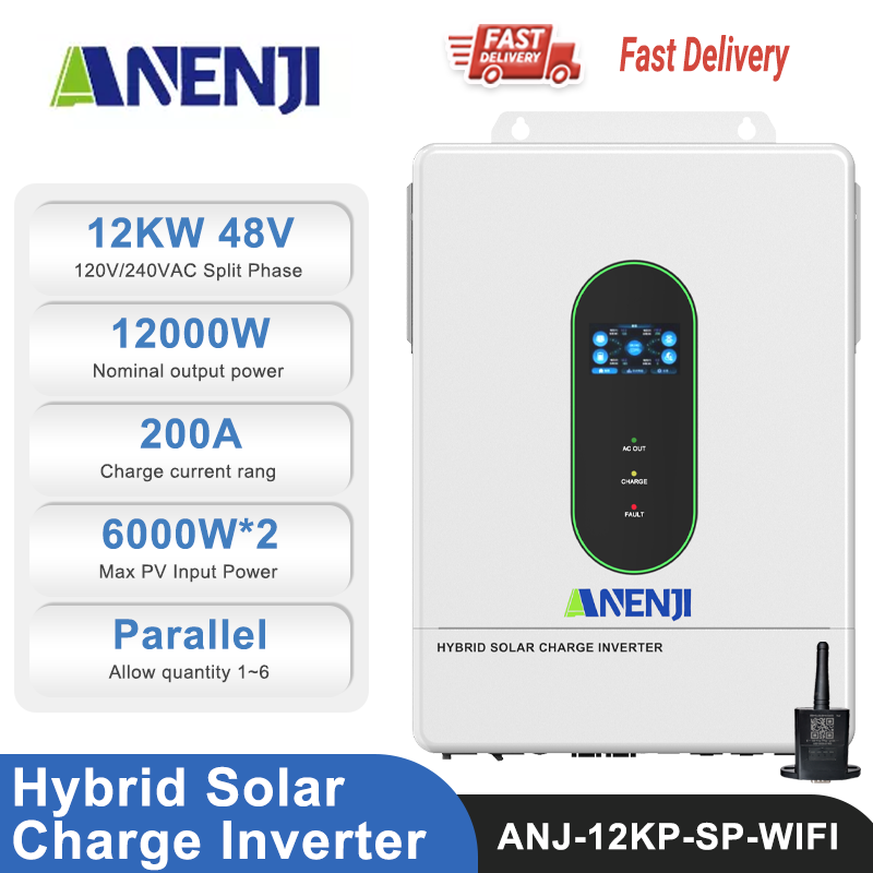 ANENJI 12KW 48V Hybrid Solar Inverter 110V Pure Sine Photovoltaic On Grid Off Grid Inversor PV 500Vdc 220A MPPT Solar Charge Controller