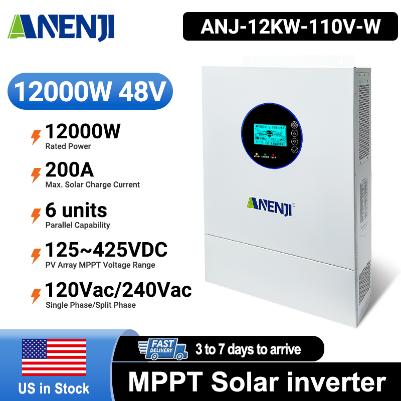 USA WAREHOUSE--Anenji 12KW 48V Hybrid Solar Inverter Split Phase 120V/240V Dual MPPT Charger Parallel 6 units