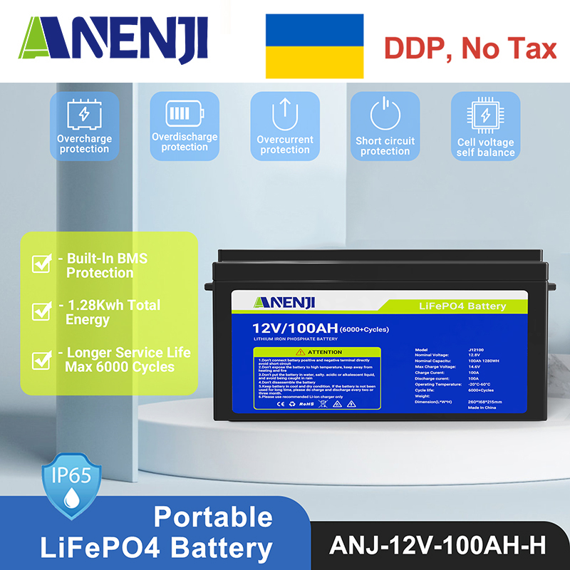 Ukraine Delivery Directly----ANENJI 12V 100Ah 1280WH LiFePO4 Battery RV Boot Solar Golf Cart Battery Built-in BMS Grade Lithium Iron Phosphate Off-Road Off-grid