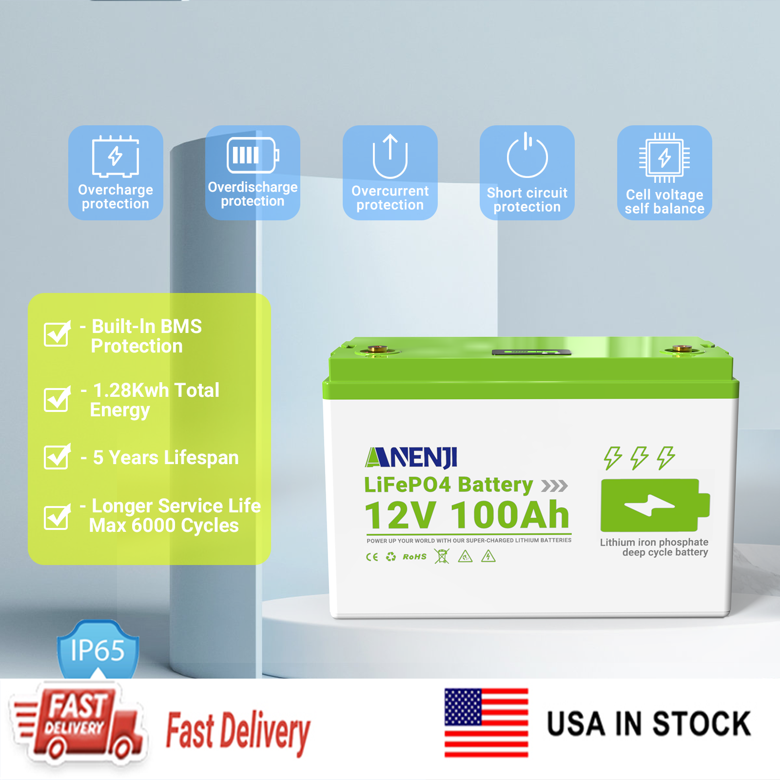 USA WAREHOUSE--ANENJI 12V 100Ah 1280WH LiFePO4 Battery RV Boot Solar Golf Cart Battery Built-in BMS Grade Lithium Iron Phosphate Off-Road Off-grid